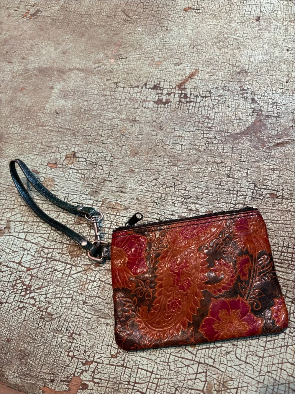 Tooled Leather Floral Paisley Wristlet Coin Purse Boho Western Brown Red Green